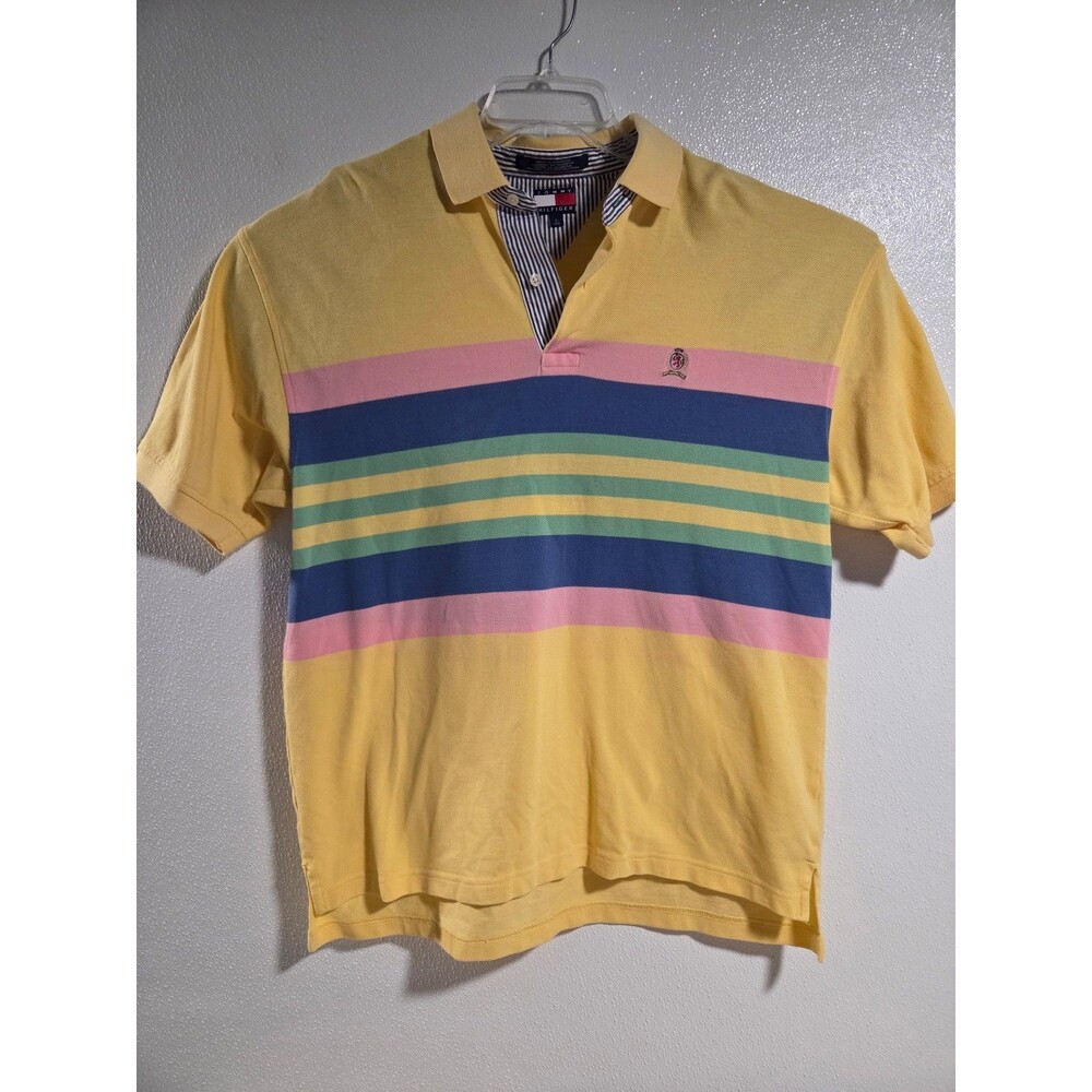 Vintage 90s y2k Tommy Hilfiger color block polo shirt yellow pink blue sz L